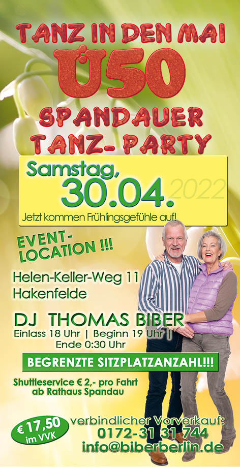 Tanz in den Mai – Flyer für Ü50 Spandauer-Tanz-Party 30. April 2022