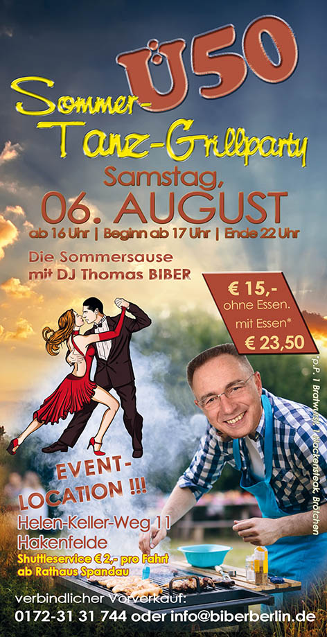 Flyer zur Ü50 Sommer-Tanz-Grillparty 06. August 2022